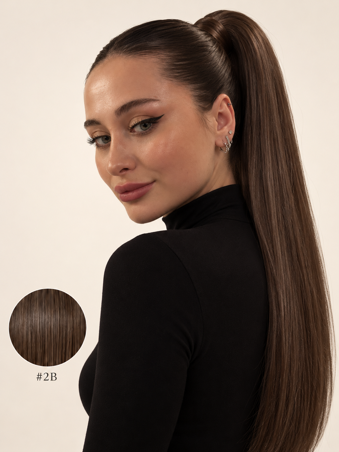 Ponytail Dark nuance #2B, modèle et pastille de couleur