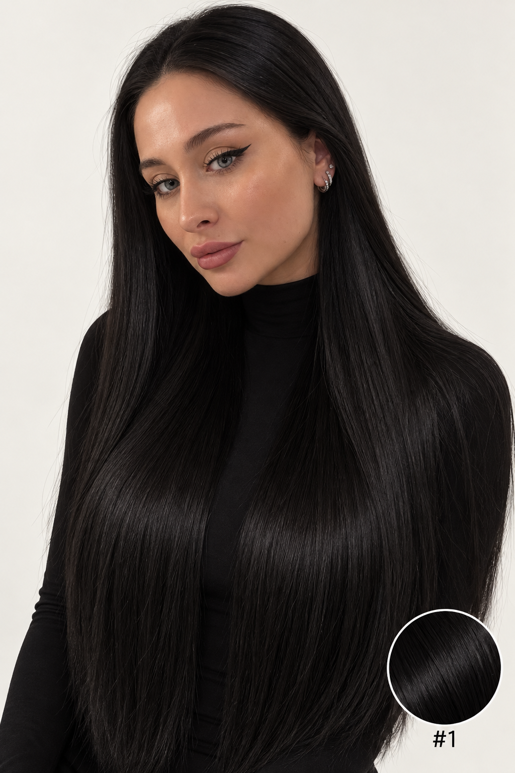 Velours Hair — extensions Dark #1, cheveux lâchés