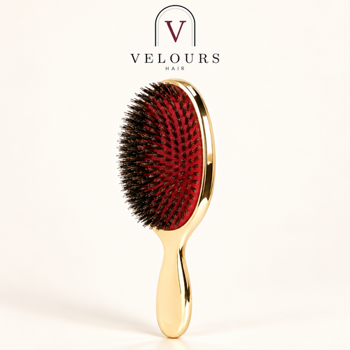 Brosse à poils de sanglier jaune, finition laquée brillante et coussin rouge