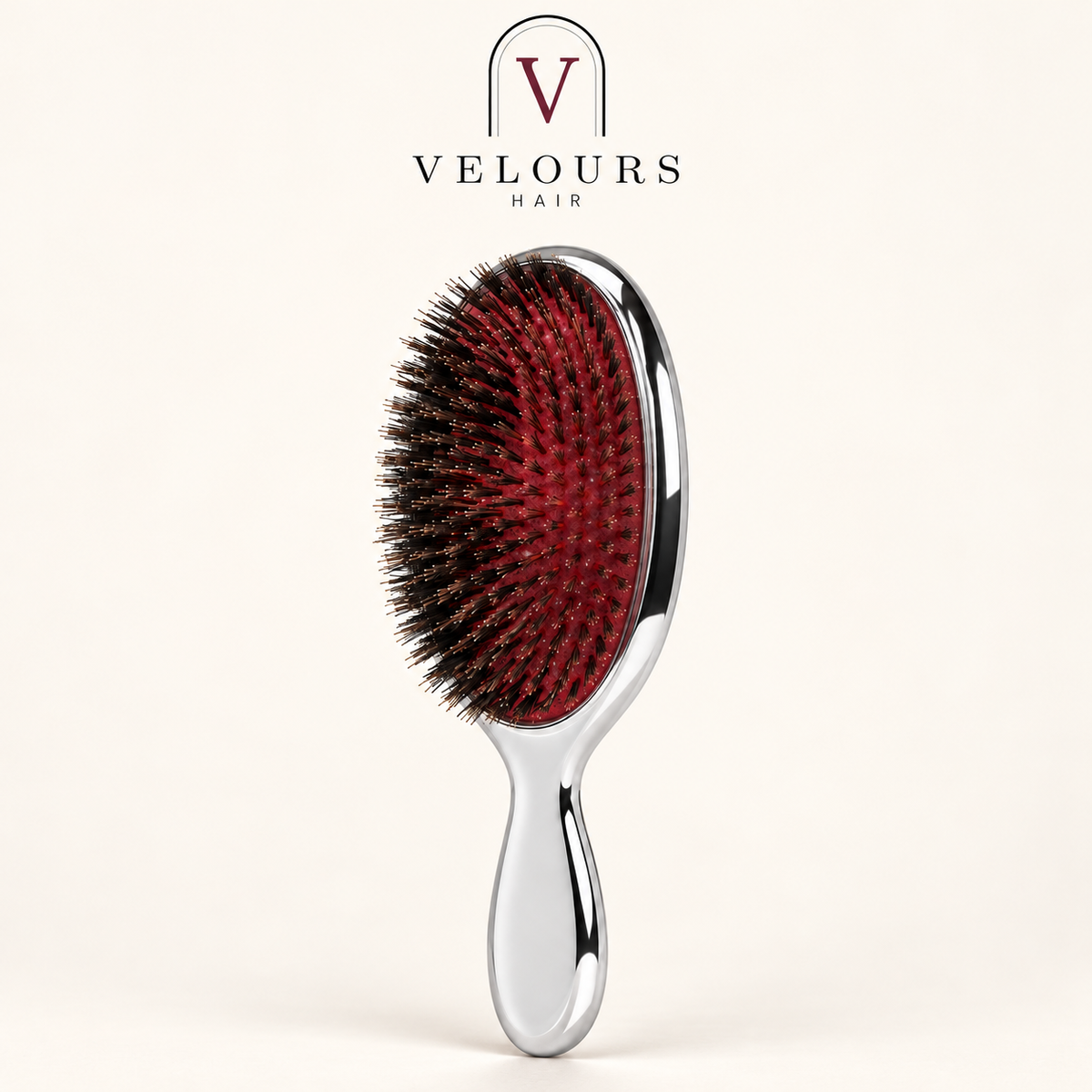 Brosse à poils de sanglier gris, finition laquée brillante et coussin rouge