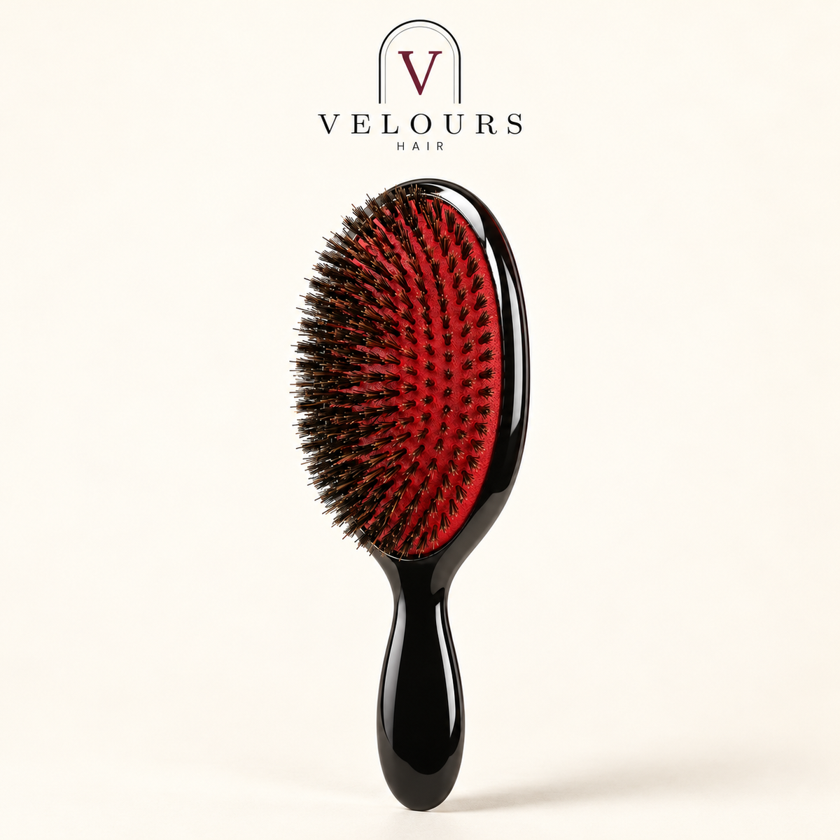 Brosse à poils de sanglier noir, finition laquée brillante et coussin rouge