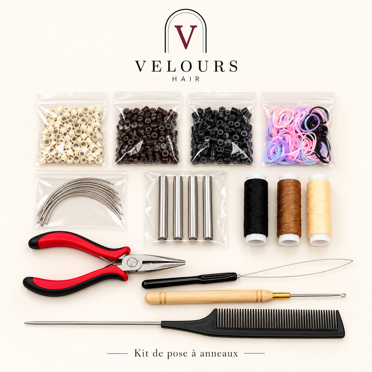 Kit de pose à anneaux Velours Hair, contenu complet et peigne à queue long