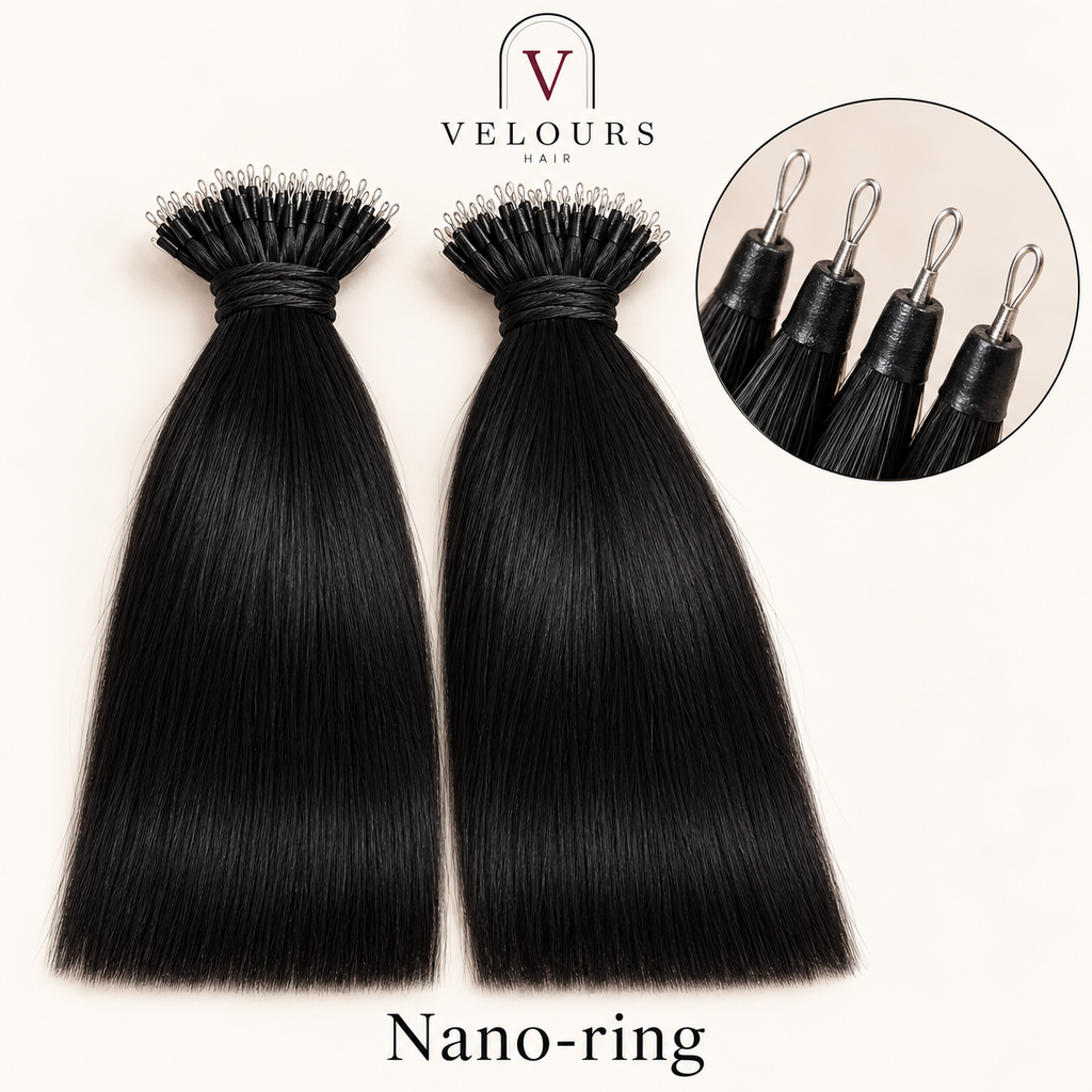 Velours Hair — extensions Nano-ring noires, gros plan des crochets métalliques