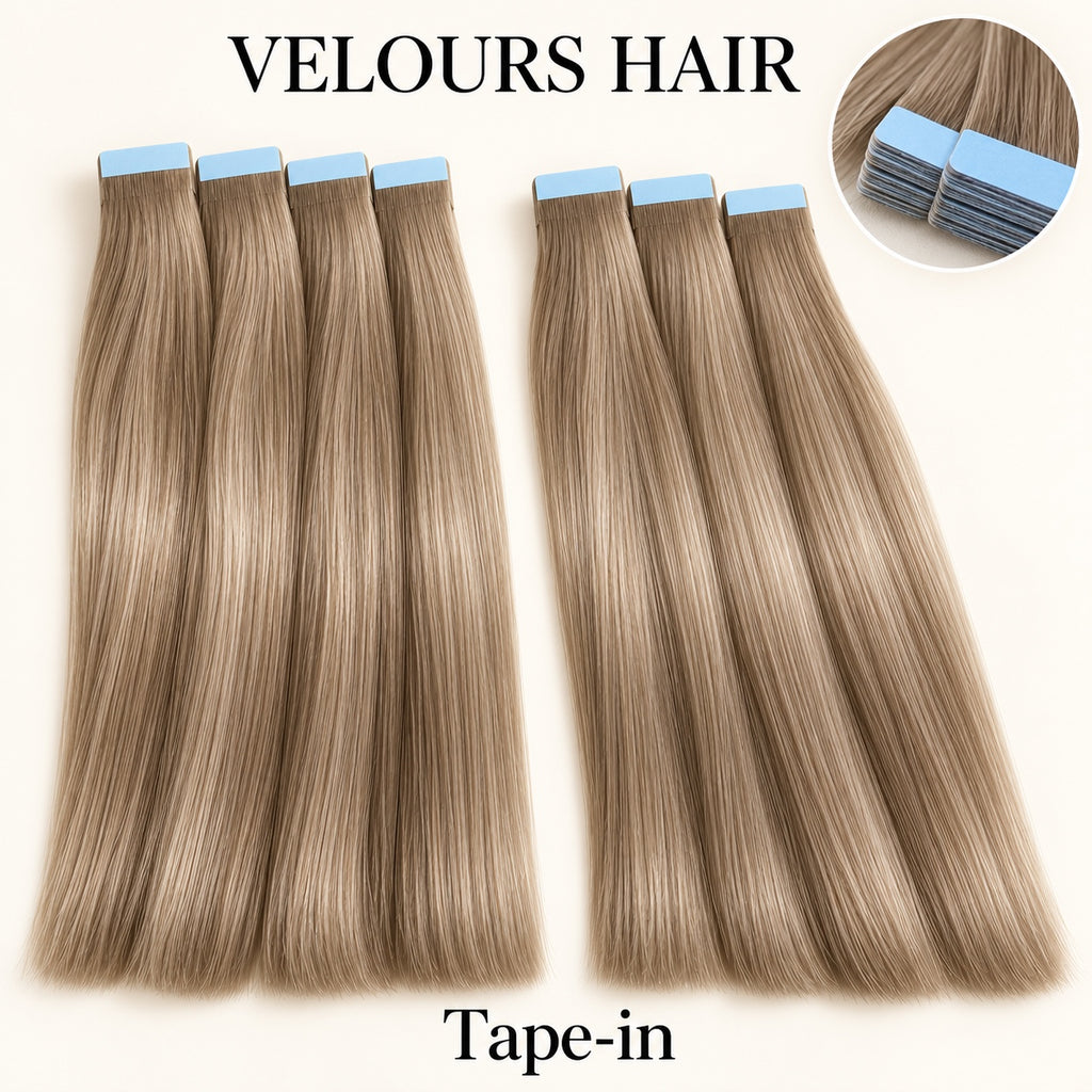 Velours Hair — extensions Tape-in, bandes adhésives et détail de fixation