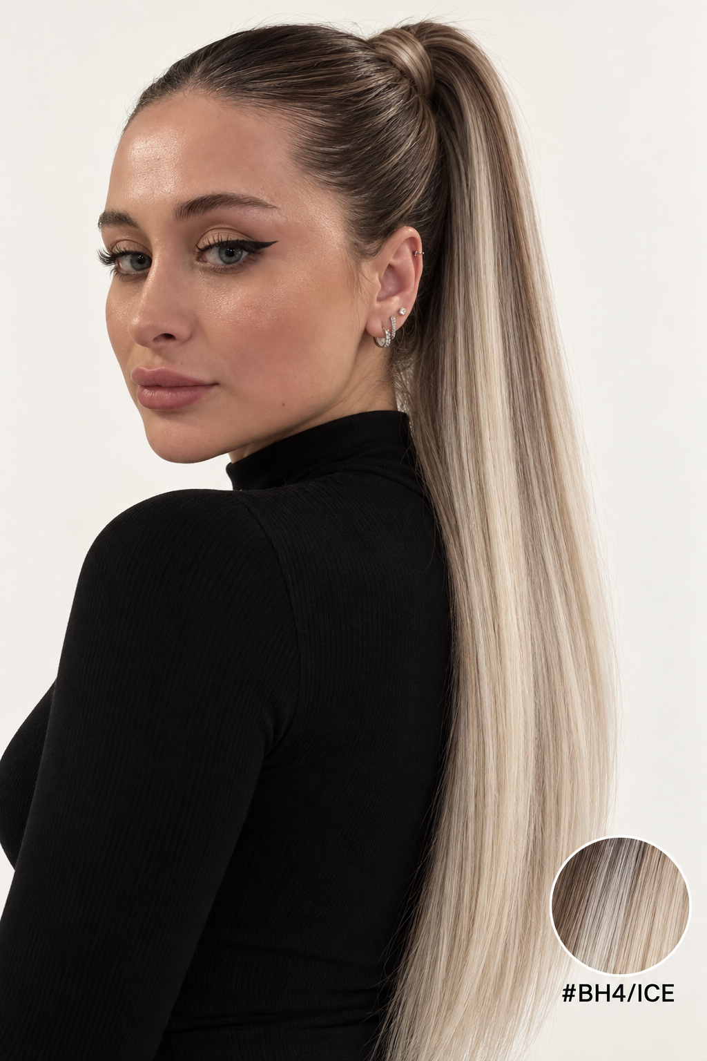 Velours Hair – BH4/ICE – queue de cheval lisse attachée – portrait Fiona